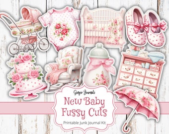Op de afbeelding: Een set met printbare roze en witte baby-thema fussy cuts voor junk journaling. De set bevat een kinderwagen, een baby-romper, een wieg, een paar babyschoenen, een schommelstoel, een pot met een roze lint, een commode, een taart en een paraplu.