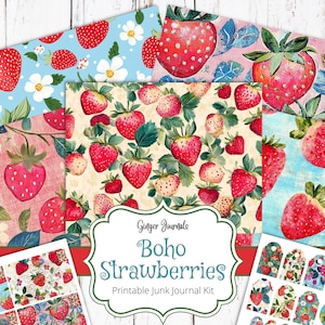 Kit de journal indésirable Boho fraises, éphémères, journal indésirable imprimable, papier pour journal, fraise, GingerJournals, journal baies, bohème