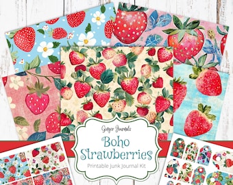 Boho Strawberries Junk Journal Kit, Ephemera, Junk Journal Printable, Journal Paper, Strawberry, GingerJournals, Berry Journal, Bohemian