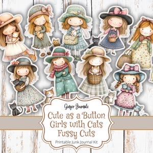 Mädchen mit Katzen Fussy Schnitten, süß wie ein Knopf, Junk Journal Kit, Katzen Journal Kit, Junk Journal Printable, Katzen Ephemera, Ginger Journals