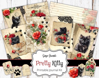 Pretty Kitty Black Cat Junk Journal Kit, Junk Journal Printable, Junk Journal Paper, Cat Journal, Ephemera, Black Cat, Kitty Journal, CT