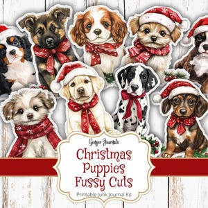 Découpes difficiles de Noël chiots, kit de journal indésirable, journal indésirable imprimable, journal éphémères, journal de Noël, chien, étiquettes de Noël, CM