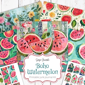 Kit de diario basura de sandía boho, efímera, imprimible para diario basura, papel para diario, sandías, GingerJournals, diario de sandía, boho