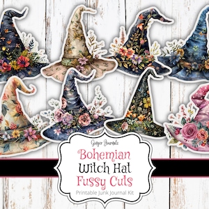 May include: Set of eight printable witch hat fussy cuts with floral embellishments. The hats are in various shades of blue, pink, and green with gold accents. The text "Bohemian Witch Hat Fussy Cuts" is printed on a white banner.