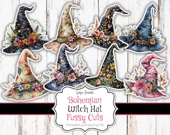 Bohemian Witch Hat Fussy Cuts, Junk Journal Kit, Digital, Halloween Journal Kit, Junk Journal Printable, Junk Journal Ephemera, HW, WT