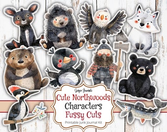 Cute Northwoods Characters Fussy Cuts, Forest Ephemera, Junk Journal Printable, Woodland Animals, Forest Junk Journal, Digital Printable
