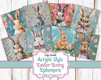 Materiale decorativo con coniglietto pasquale, kit per junk journal, materiale stampabile per junk journal, diario di Pasqua, download digitale, etichette pasquali, GingerJournals
