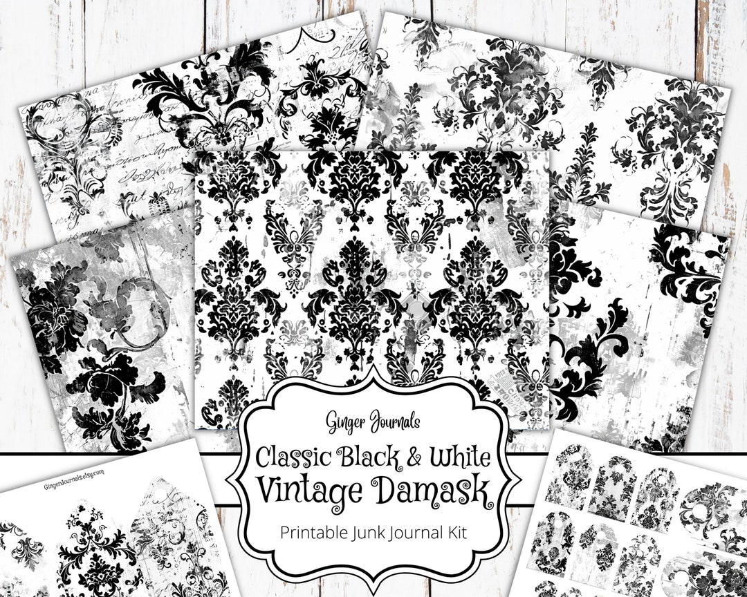 30 Page Classic Black and White Vintage Damask Junk Journal Kit ...