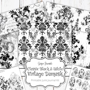 30 pagina's klassiek zwart-wit vintage damast junk Journal Kit, kortstondige, afdrukbare junk Journal, tijdschriftpapier, plakboek, patroonpagina's