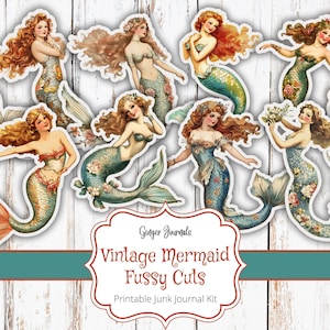 Découpes difficiles de sirène vintage, éphémères de sirène vintage, nautique, sirènes, journal indésirable imprimable, kit de journal indésirable, journal indésirable de l'océan