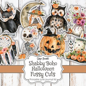 Recortes de Halloween con motivos boho y shabby, kit de diario basura, imprimible para diario, efímera, diario de Halloween, efímera de Halloween, GingerJournals, HW