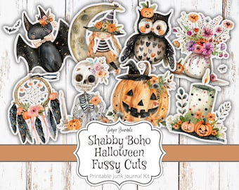 May include: A set of printable Halloween themed digital scrapbook paper with images of a witch, a pumpkin, a bat, a skeleton, an owl, a candle, a flower arrangement, and a dream catcher. The paper is designed in a shabby chic style with watercolor illustrations.