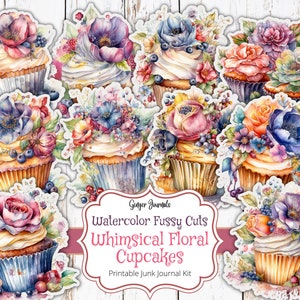 Cupcakes florales con cortes caprichosos, kit para diario basura, imprimible para diario basura, efímeras para diario, diario de cumpleaños, diario de bodas, CC