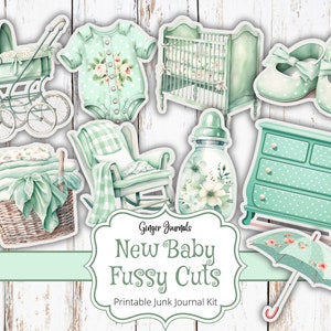 Recortes para bebés recién nacidos, kit para diario basura, imprimible para diario basura, material efímero para diario basura, álbum de recortes para bebés, verde, diario para baby shower