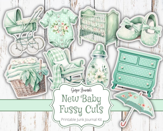 New Baby Fussy Cuts, Junk Journal Kit, Junk Journal Printable, Junk Journal Ephemera, Baby Scrapbook, Green, Baby Shower Journal
