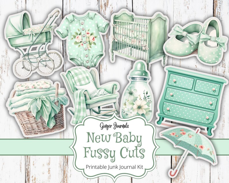 May include: Watercolor illustrations of baby-themed items in shades of mint green and white. The image includes a baby carriage, crib, onesie, shoes, a rocking chair, a dresser, a basket of blankets, a baby bottle, and an umbrella. Text reads "New Baby Fussy Cuts".