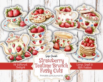 Jordgubbs-teatime-brunch Fussy Cuts, Junk Journal Kit, Junk Journal Utskrivbar, Jordgubbar Junk Journal, Ingefära Journaler, Taggar, SBB