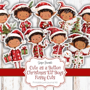 May include: Printable digital paper pack featuring ten illustrations of cute Christmas elf boys with different accessories and poses. The illustrations are in a cartoon style and have a whimsical feel. The text "Cute as a Button Christmas Elf Boys Fussy Cuts" is included in the image.