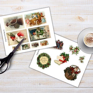 May include: A set of vintage Christmas images featuring Santa Claus, a Christmas wreath, holly sprigs, and a stocking. The images are printed on white paper and are ready to be cut out and used for crafts.