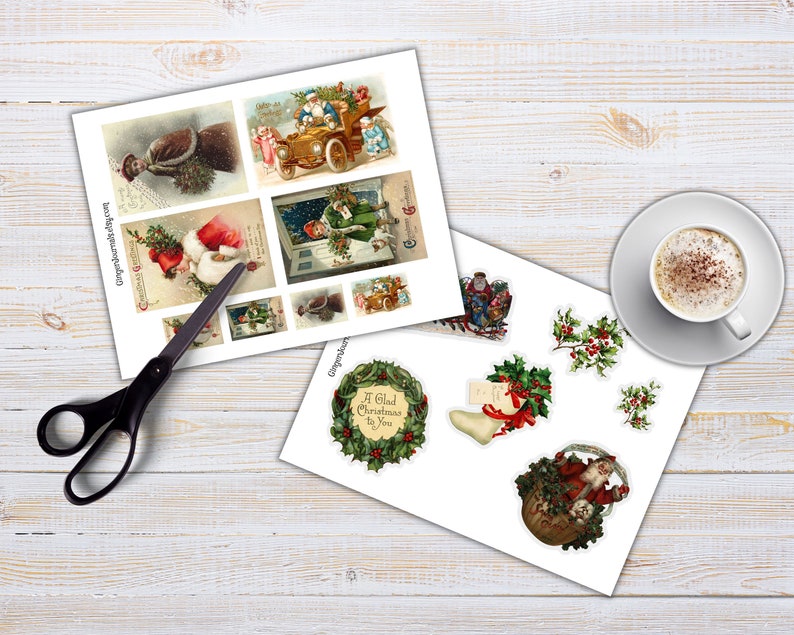 May include: A set of vintage Christmas images featuring Santa Claus, a Christmas wreath, holly sprigs, and a stocking. The images are printed on white paper and are ready to be cut out and used for crafts.
