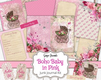 May include: A digital printable junk journal kit with a pink and white color scheme. The kit features images of baby carriages, flowers, and the text "Boho Baby in Pink".