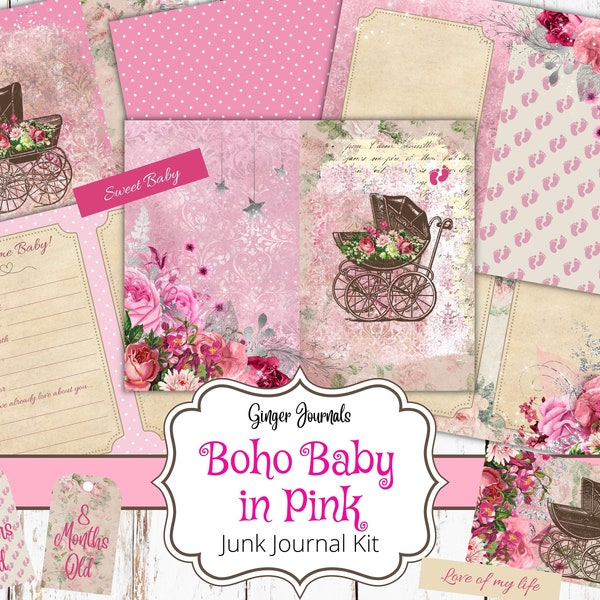 Baby Junk Journal Kit, Junk Journal Printable, Junk Journal Paper, Scrapbook, Decorative Paper, Ephemera, Bohemian, Pink Baby Journal