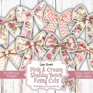 Shabby Bows Fussy Cuts, Rosa e Creme, Kit Diário de Junk, Diário de Junk para Imprimir, Etiquetas Rosa, Itens Efêmeros Rosa, Laços, Diários de Gengibre