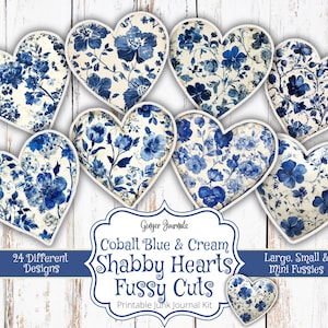 Shabby Hearts Fussy Cuts, Junk Journal Kit, Cobalt Blue and Cream, Blue Ephemera, Junk Journal Printable, Tags, Shabby Blue, Ginger Journals