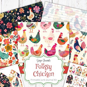 Folksy Huhn Junk Journal Kit, Ephemera, Junk Journal bedruckbar, Journalpapier, digitaler Download, Hühner Journal, GingerJournals