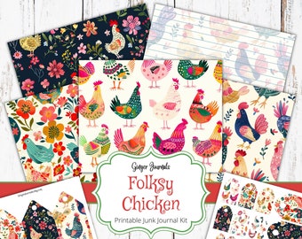 Folksy Chicken Junk Journal Kit, Ephemera, Junk Journal Printable, Journal Paper, Digital Download, Chickens Journal, GingerJournals