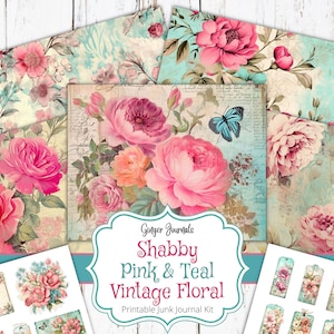 27 pagina's Floral Junk Journal Kit, afdrukbare junk Journal, dagboekpapier, plakboekpapier, Shabby vintage Junk Journal, tags, roze, groenblauw