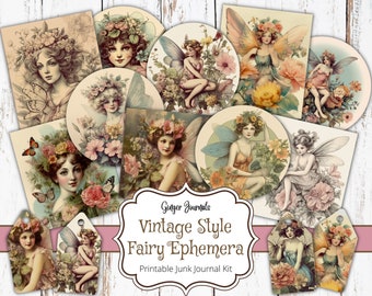 May include: Vintage style fairy ephemera printable junk journal kit with images of fairies, flowers, and butterflies. The kit includes a variety of sizes and shapes, including circles, squares, and tags.