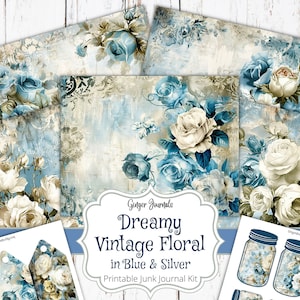 30 Page Dreamy Vintage Floral Junk Journal Kit, Blue and Silver Flowers, Junk Journal Printable, Journal Paper, Shabby Vintage Junk Journal