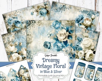 30 Page Dreamy Vintage Floral Junk Journal Kit, Blue and Silver Flowers, Junk Journal Printable, Journal Paper, Shabby Vintage Junk Journal
