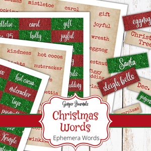 May include: A printable Christmas Bingo game with red and green squares featuring Christmas words like "mistletoe", "carol", "gift", "joyful", "holly", "eggnog", "Santa", "sleigh bells", "gingerbread", and "Christmas Tree".