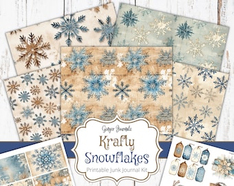 27 Page Snowflake Junk Journal Kit, Junk Journal Printable, Christmas Junk Journal, Winter Junk Journal, Snowflakes, Kraft, Ephemera, CM