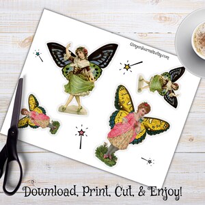 Puede incluir: Conjunto de cuatro ilustraciones de hadas de estilo vintage imprimibles. Cada hada est&aacute; representada con alas de mariposa y una expresi&oacute;n caprichosa. Las hadas visten vestidos coloridos y tienen un toque m&aacute;gico. &iexcl;Descarga, imprime, corta y disfruta!