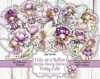 May include: A printable junk journal kit featuring 24 different designs of cute purple peony fairies. The kit includes large, small, and mini fussy cuts.