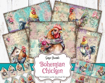 Chicken Junk Journal Kit, Boho Chicken, Junk Journal Printable, Junk Journal Paper, Scrapbook, Decorative Paper, Ephemera, Chicken Ephemera