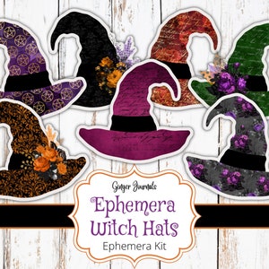 May include: Six printable witch hat images with different patterns and colors. The hats are black, purple, green, red, and gray with gold, orange, and purple accents. The text "Ginger Journals Ephemera Witch Hats Ephemera Kit" is at the bottom of the image.