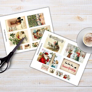 May include: Two sheets of paper with vintage Christmas images printed on them. The images include Santa Claus, a horse-drawn carriage, a snowman, and a family decorating a Christmas tree. The sheets are on a wooden surface with a cup of coffee and a pair of scissors.