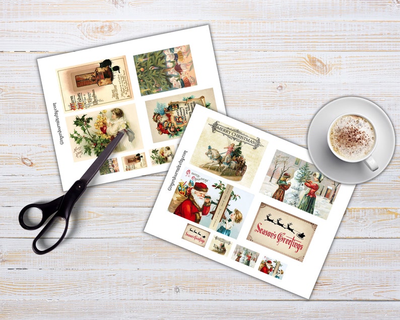 May include: Two sheets of paper with vintage Christmas images printed on them. The images include Santa Claus, a horse-drawn carriage, a snowman, and a family decorating a Christmas tree. The sheets are on a wooden surface with a cup of coffee and a pair of scissors.