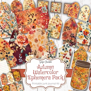 May include: Printable autumn themed junk journal kit with watercolor illustrations of leaves, flowers, and jars. The kit includes tags, envelopes, and papers with a vintage aesthetic.