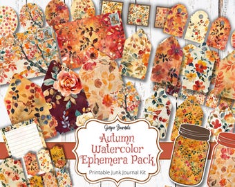Puede incluir: Kit de diario de chatarra de otoño imprimible con ilustraciones de acuarela de hojas, flores y frascos. El kit incluye etiquetas, sobres y papeles con una estética vintage.