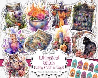 May include: Printable junk journal kit with a whimsical witch theme. Includes fussy cut stickers of a cauldron, potion bottles, a witch's hat, an owl, a book, a candle, a black cat, and a shelf of potion bottles. Also includes tags with various witchy images.
