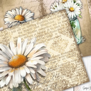 May include: A vintage-style paper background with a floral design featuring white daisies. The paper has a distressed look with a brown and gold color scheme. The text on the paper is in German.