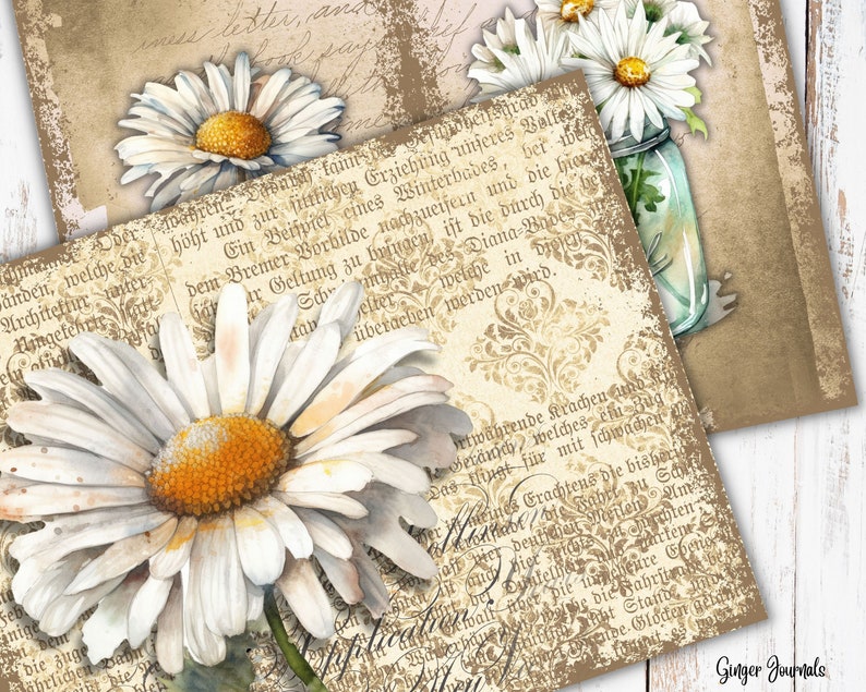 May include: A vintage-style paper background with a floral design featuring white daisies. The paper has a distressed look with a brown and gold color scheme. The text on the paper is in German.