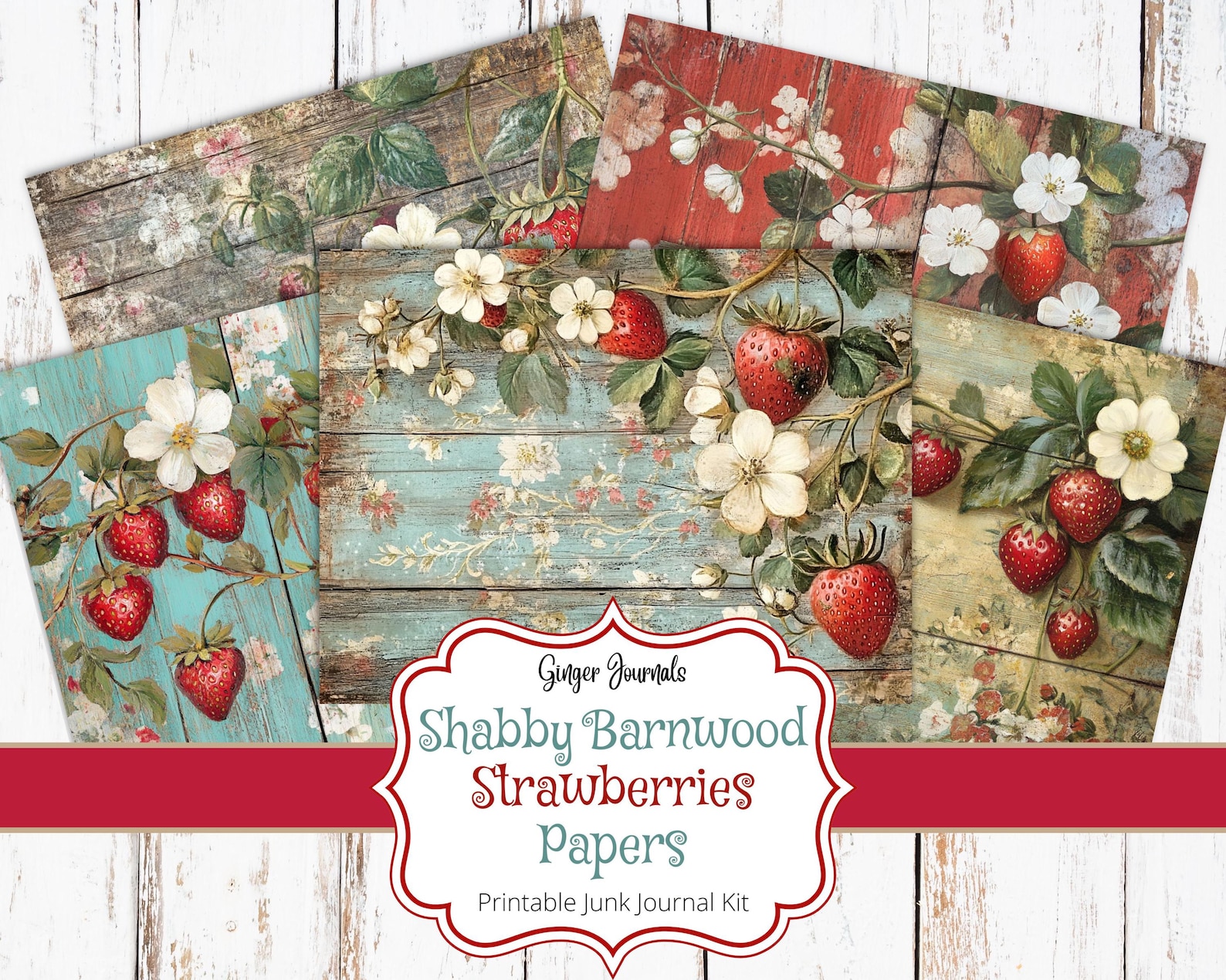 30 Page Shabby Barnwood Strawberries Papers, Junk Journal Kit ...