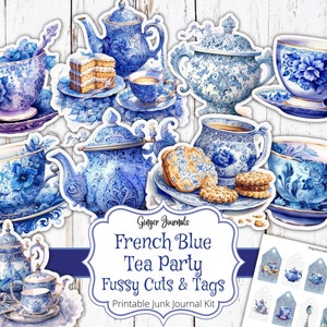 Recortes de té azul, imprimibles para diario basura, kit para diario basura, descarga digital, efímeras azules, diario basura para fiestas de té, azul francés
