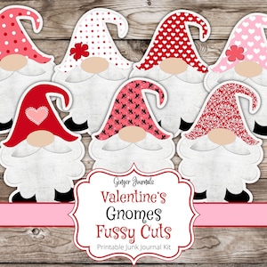 Gnome Fussy Cuts, Valentine Gnomes, Junk Journal Kit, Junk Journal Printable, Tags, Valentine&#39;s Gnomes, Valentine&#39;s Day Gnomes, GM